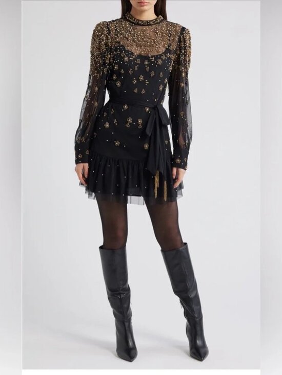 FARM Rio Dresses & Skirts - Farm Rio "Embroidered Tulle Overlay" Black Mini Dress Large 10-12 NWTs $398
